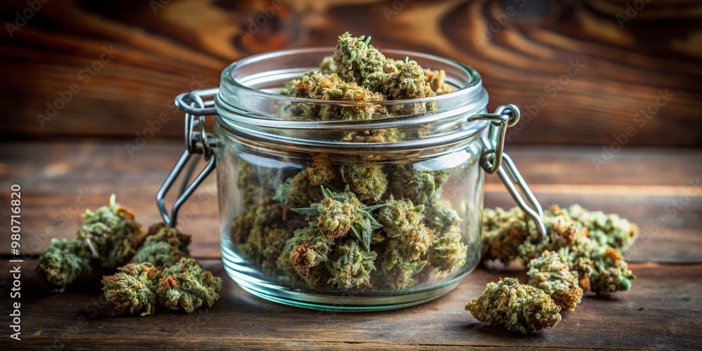 Dry cannabis buds in jar. Dry cannabis buds in jar.