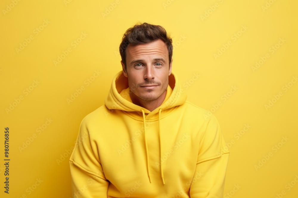 Portrait of a blissful man in his 30s wearing a thermal fleece pullover over soft yellow background Portrait of a blissful man in his 30s wearing a thermal fleece pullover over soft yellow background