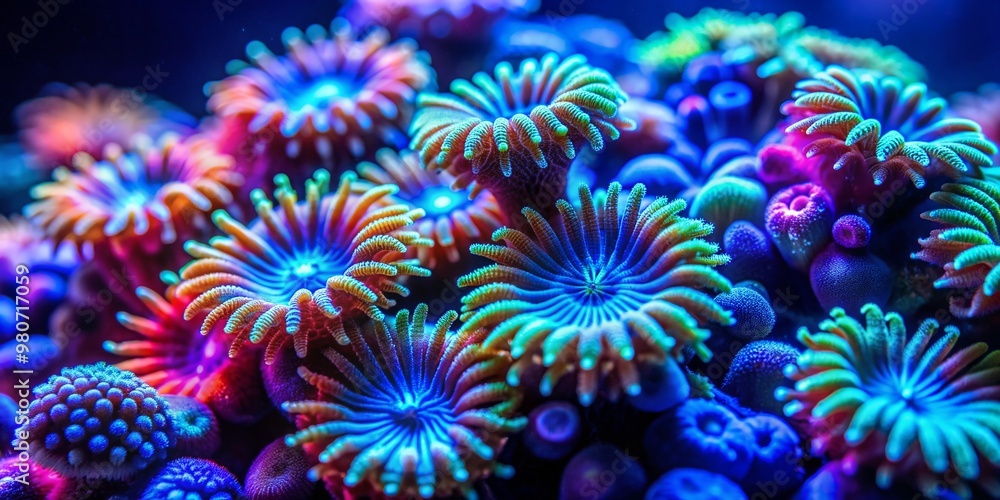 Vibrant colourful fluorescent coral polyps glow in the dark blue water, showcasing intricate details and textures of underwater world's stunning natural beauty. Vibrant colourful fluorescent coral polyps glow in the dark blue water, showcasing intricate details and textures of underwater world's stunning natural beauty.
