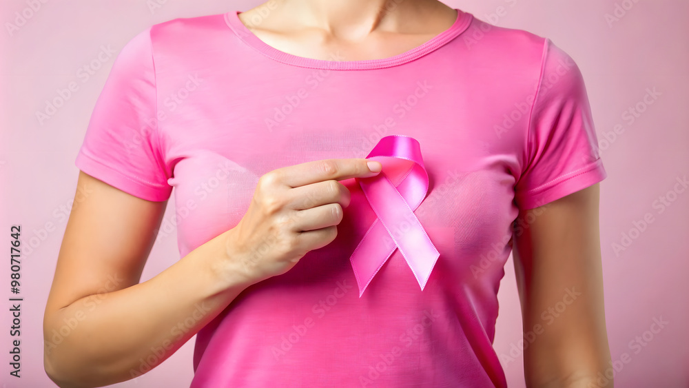 custom made wallpaper toronto digitalhealthcare, medicine and breast cancer concept - close up of woman with pink ribbon. Pink Cancer Awareness Month.
