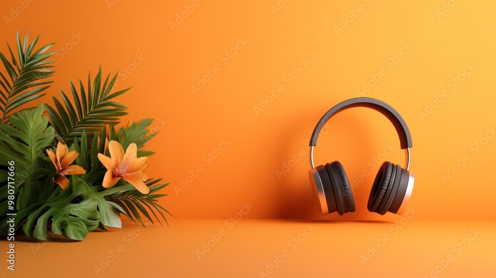 A pair of headphones is placed on a yellow background with green leaves. A pair of headphones is placed on a yellow background with green leaves.
