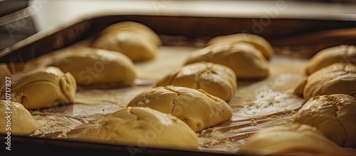 A shaped dough on a baking sheet prepared for baking with copy space image photo