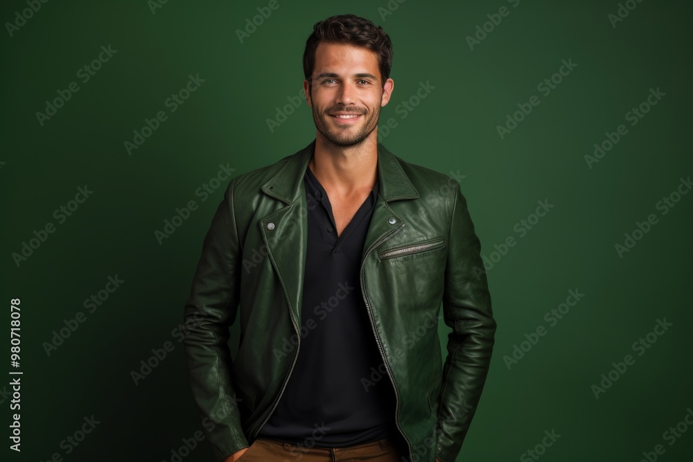 Fototapeta premium Portrait of a blissful man in his 30s sporting a stylish leather blazer in soft green background