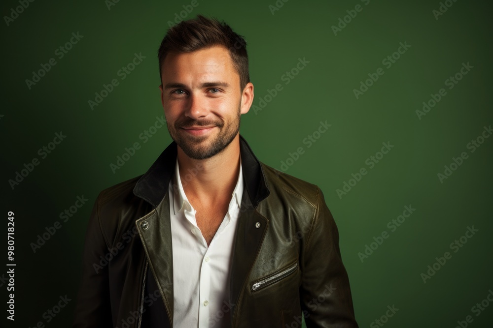 Portrait of a blissful man in his 30s sporting a stylish leather blazer isolated in soft green background Portrait of a blissful man in his 30s sporting a stylish leather blazer isolated in soft green background