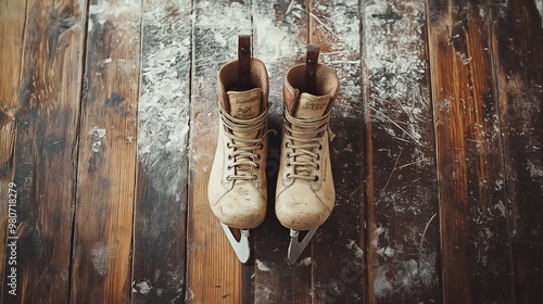 Vintage Ice Skates on Rustic Wood Floor