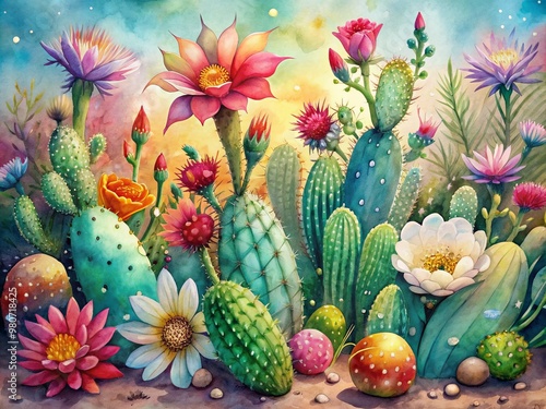 Vibrant watercolor illustration of a whimsical cactus gathering, adorned with delicate blooming flowers, showcasing nature's beauty and wildness in a mesmerizing, dreamy, and enchanting scene.