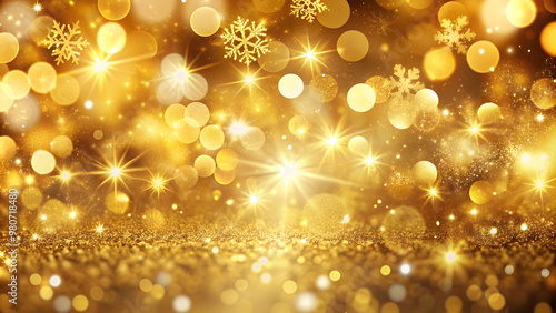 Golden christmas background with bokeh lights and snowflakes