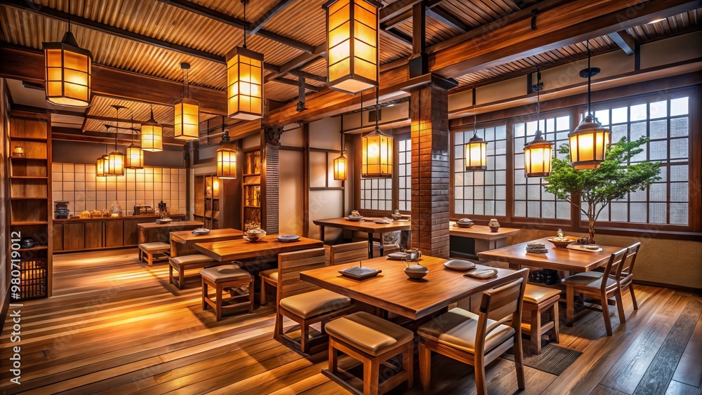 Warm wooden accents and traditional lanterns cast a soft glow, enveloping diners in a peaceful ambiance reminiscent of Warm wooden accents and traditional lanterns cast a soft glow, enveloping diners in a peaceful ambiance reminiscent of