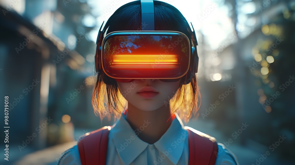 Woman in a high-visibility vest using advanced virtual reality headset in an industrial setting, Concept of modern technology in manufacturing and