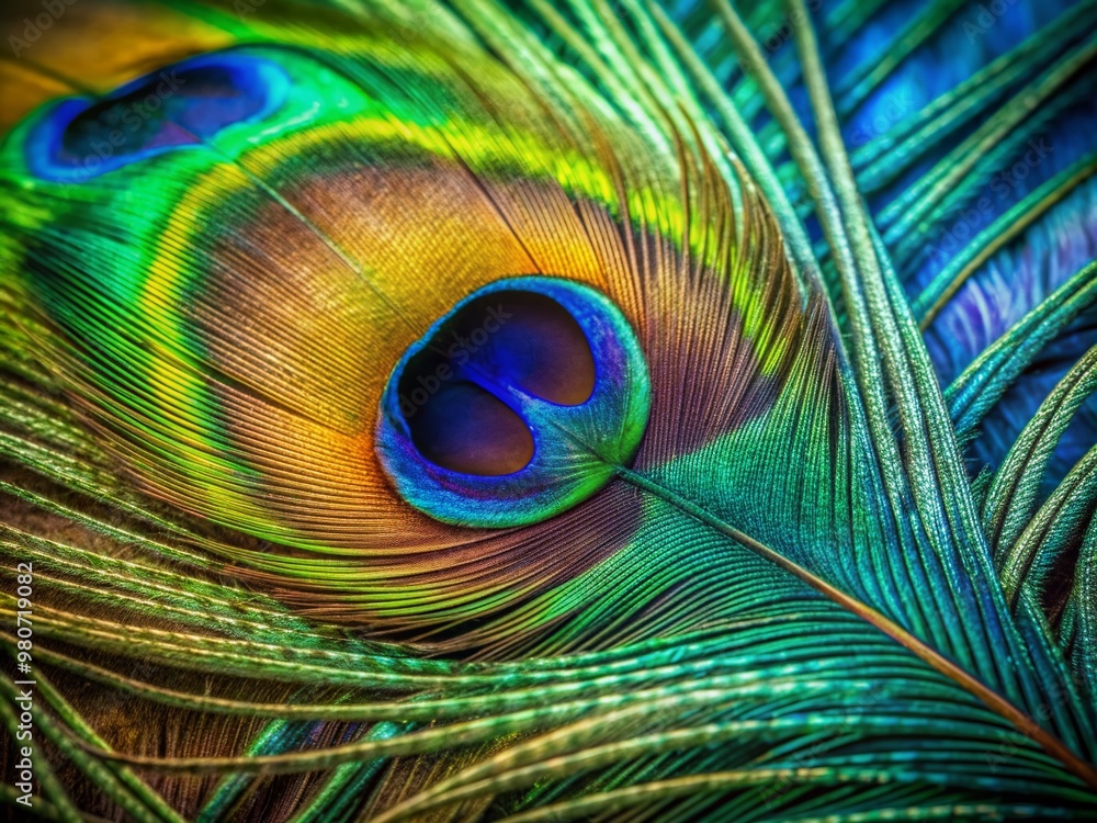 Obraz premium Vibrant iridescent blues and greens dance across the intricate texture of a peacock feather, creating a stunning abstract background of exotic natural beauty.
