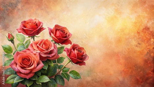 Fototapeta Naklejka Na Ścianę i Meble -  Vibrant red roses bloom against a soft, peach-colored watercolor background, providing ample copy space for a heartfelt Women's Day message on a beautiful greeting card.