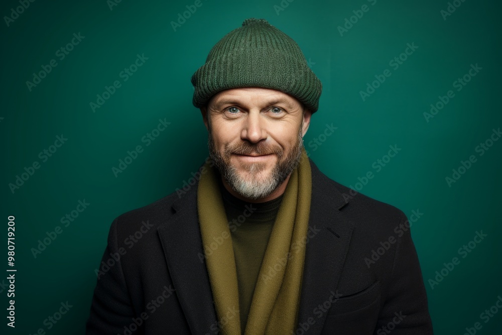 Portrait of a blissful man in his 40s donning a warm wool beanie while standing against soft green background Portrait of a blissful man in his 40s donning a warm wool beanie while standing against soft green background
