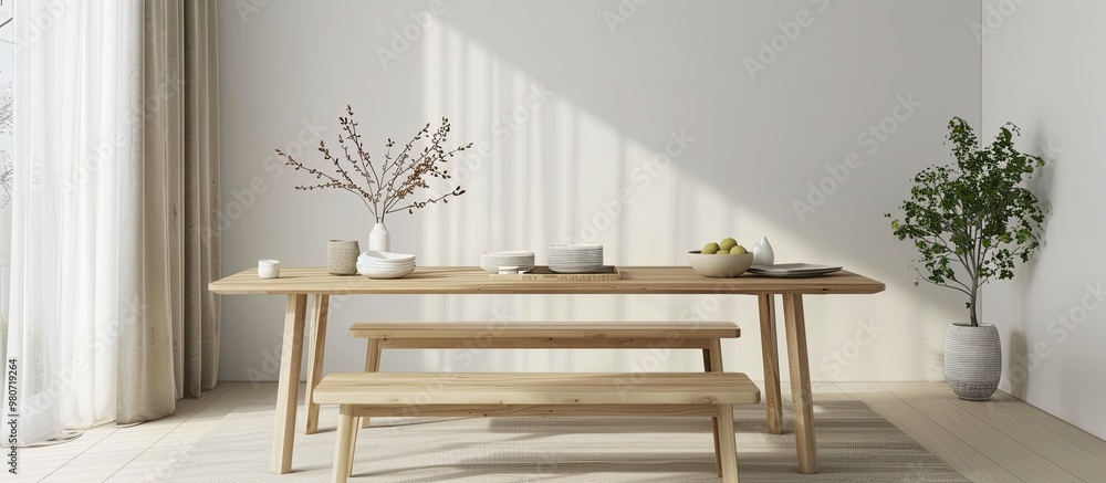 Elegant dining set with Scandinavian design featuring light wood table and bench creating a welcoming ambiance with clean lines and functional style perfect for a copy space image Elegant dining set with Scandinavian design featuring light wood table and bench creating a welcoming ambiance with clean lines and functional style perfect for a copy space image