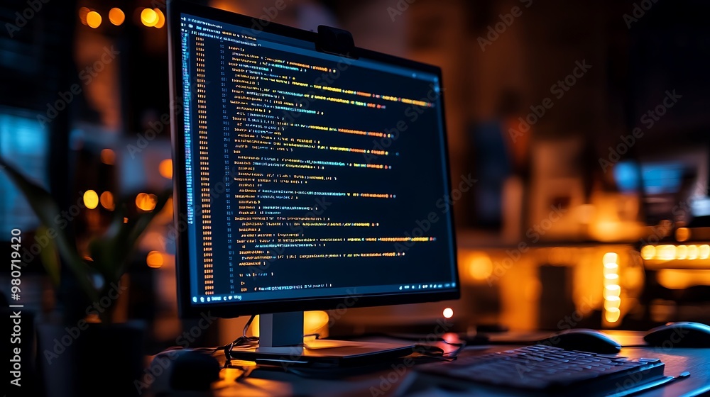 Close-up of a glowing screen with lines of code, the rest of the office softly lit in the background, shadows on the desk, Close-up of a glowing screen with lines of code, the rest of the office softly lit in the background, shadows on the desk,