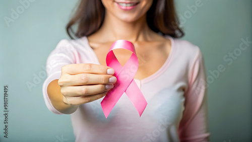 Woman hand holding pink ribbon for breast cancer awareness month with copy space.