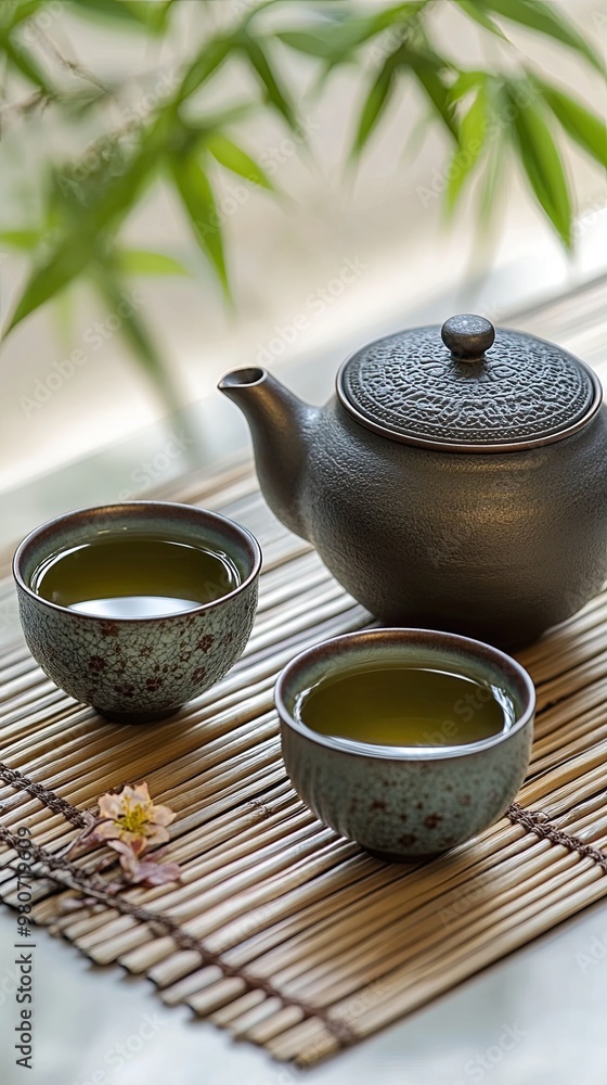 Fototapeta premium Asian Tea Set, iron teapot and ceramic teacups with green tea
