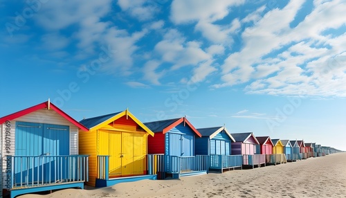 Vibrant beach huts lining a sunlit sandy shore under a clear blue sky