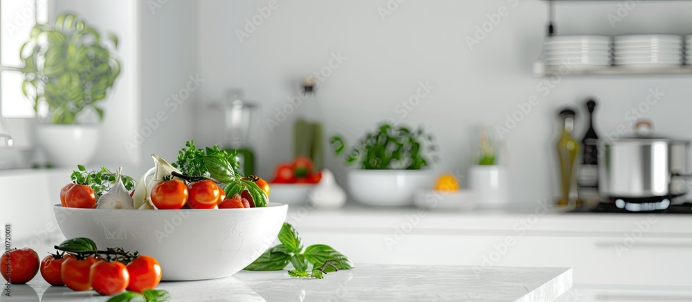 Vegetarian dishes with fresh ingredients displayed on a white table in a kitchen area with copy space image Vegetarian dishes with fresh ingredients displayed on a white table in a kitchen area with copy space image