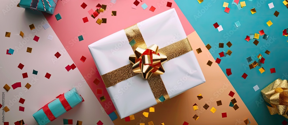 Top view of a gift wrapped in white paper and gold ribbon on a colorful background with a present box and other decorations offering copy space image Top view of a gift wrapped in white paper and gold ribbon on a colorful background with a present box and other decorations offering copy space image