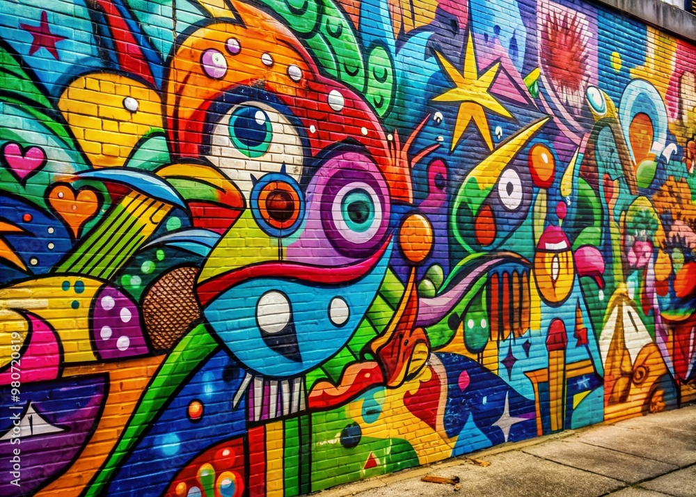 Obraz premium Vibrant colorful graffiti wall abstract background with dynamic shapes, bold lines, and playful textures, perfect for artistic pop art designs and creative projects.