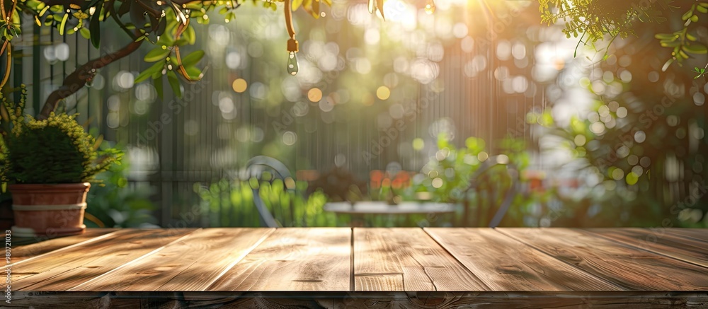 Table in cafe setting blurry background with garden view optimal for showcasing products against copy space image