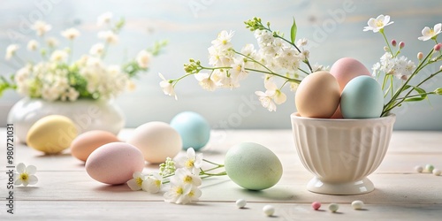 Soft pastel eggs arranged artfully on a clean white table, surrounded by delicate spring flowers, creating a serene and minimalist Easter still life composition. photo