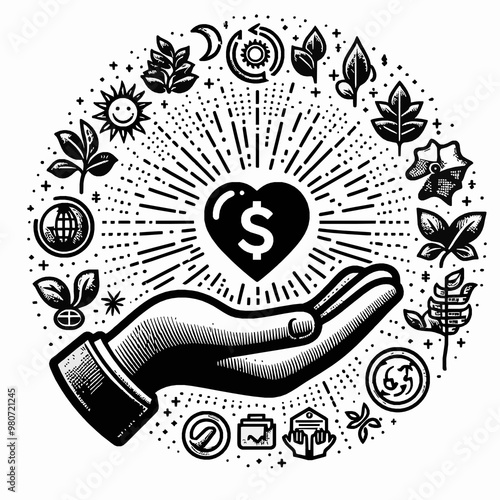 Hand Holding Heart Dollar Icon with Many Objects. Charity Logo Background Ideas Vector