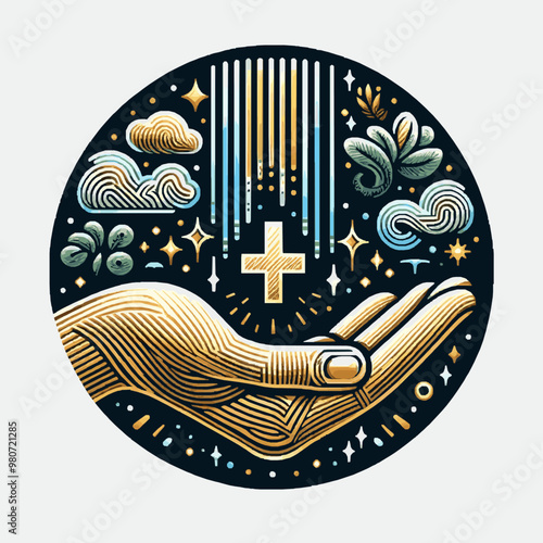 Hand Holding Cross With Star and Cloud. Charity Logo Background Ideas. Vector Design