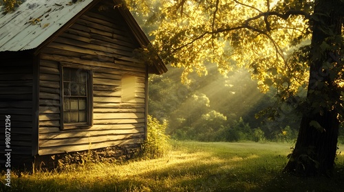 A Rustic Cabin Bathed in Golden Sunlight with a Tree in the Foreground