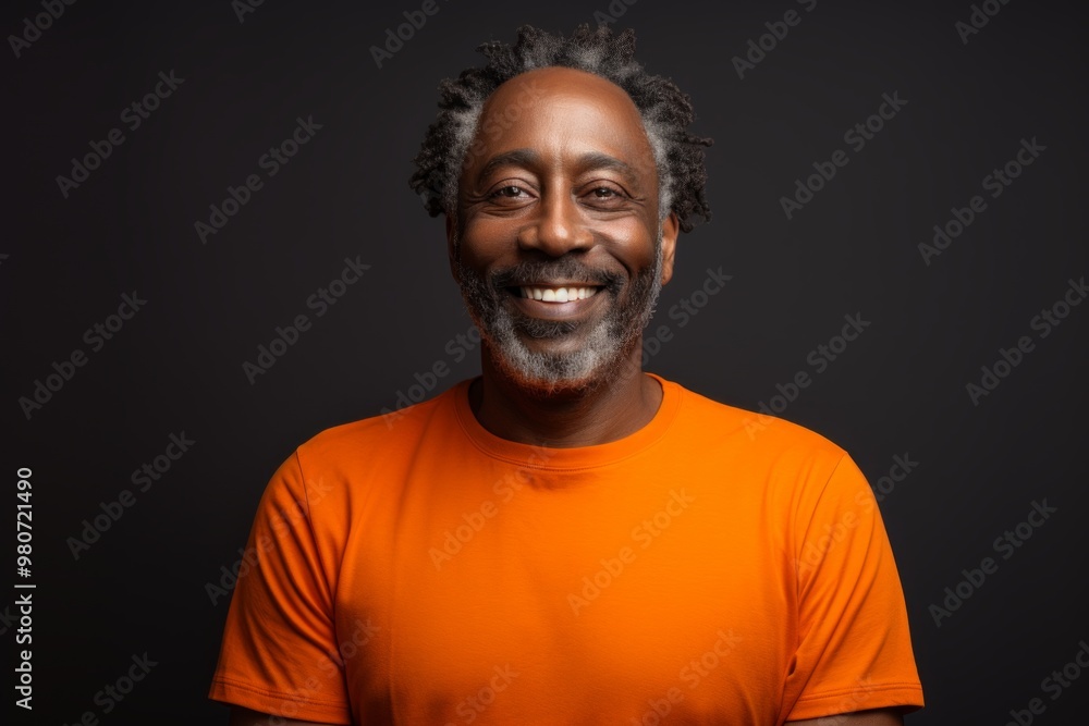 Portrait of a smiling afro-american man in his 50s showing off a lightweight base layer in soft orange background Portrait of a smiling afro-american man in his 50s showing off a lightweight base layer in soft orange background