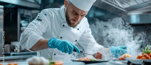 Digital thermometer in use by a chef in a high-tech kitchen, ensuring accurate food temperature, cutting-edge culinary equipment for precision cooking photo