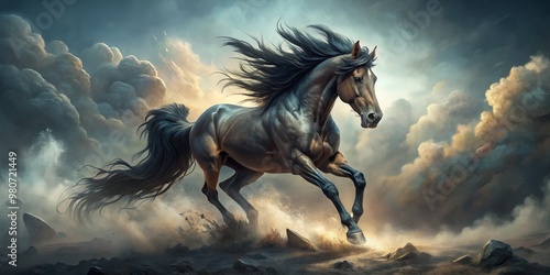 With thunderous hooves, the muscular horse charges recklessly through the misty landscape, his flowing locks and tail photo