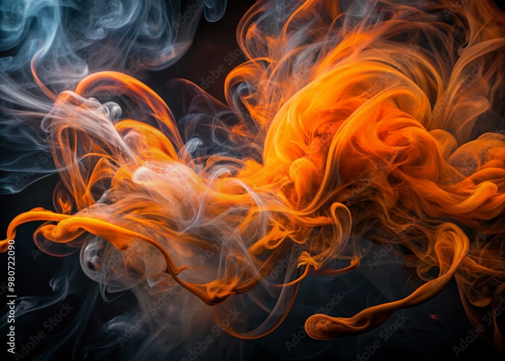 Fototapeta premium Vibrant orange tendrils swirl amidst dark black mist, creating a mesmerizing abstract smoke background with a dynamic, high-energy, futuristic aesthetic perfect for digital designs.