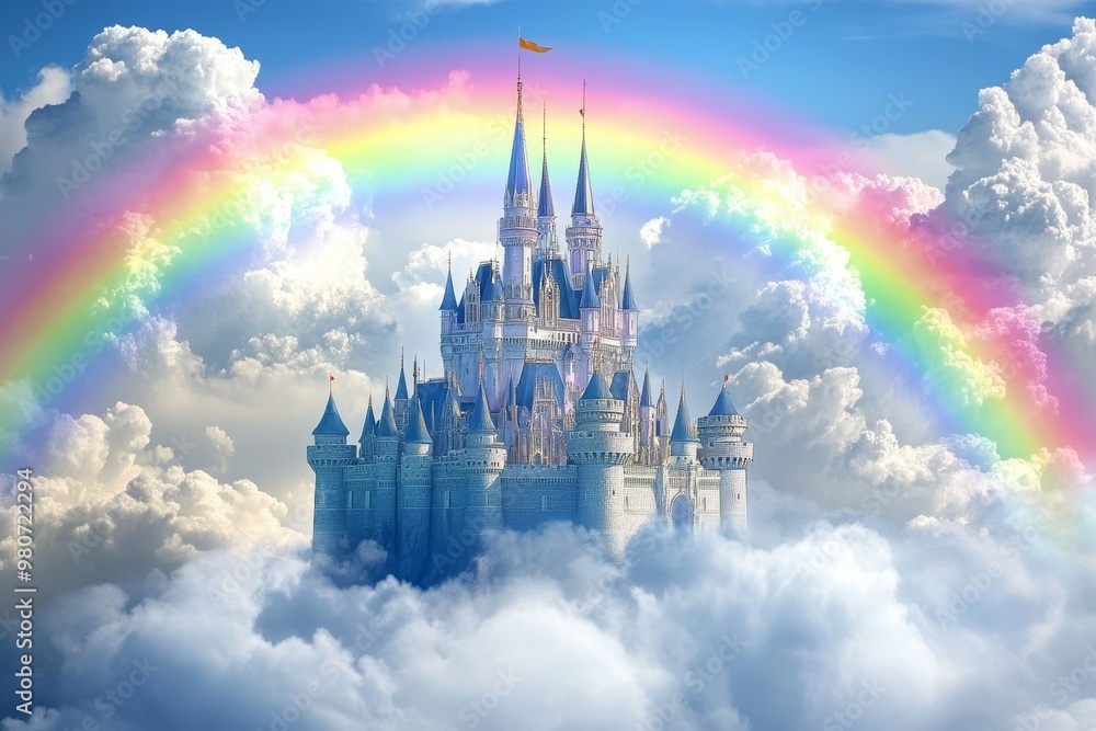 Naklejka premium Majestic castle with multiple spires floating above the clouds with a vibrant rainbow arching over it, evoking a sense of fantasy and wonder
