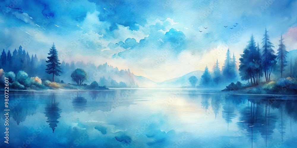 Fototapeta premium Dreamy ethereal blue watercolor landscape merges soft watery hues, evoking a sense of serenity and calmness in an abstract, artistic, and peaceful visual escape.