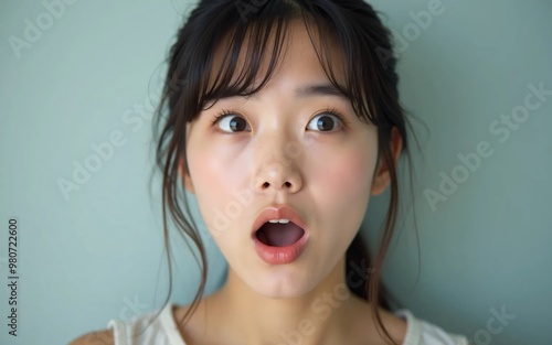 Young asian chinese woman surprised or shocked facial expression, on a pastel green background