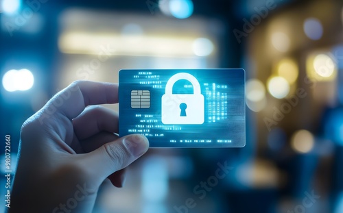 Hand holding a credit card with a digital padlock symbol, an online security concept
