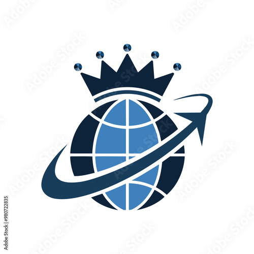 A stylized globe with a crown and an arrow, symbolizing global leadership and progress.