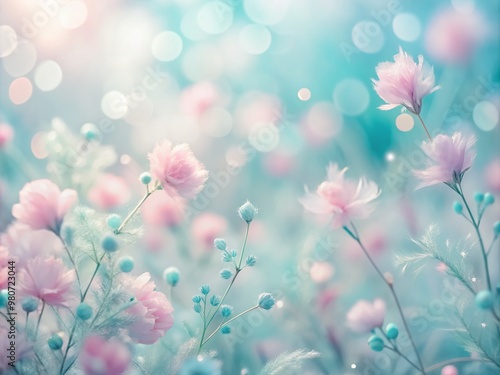 Delicate soft focus pastel hues blurred background featuring gentle whisps of pale pink, baby blue and mint green, creating a serene and calming atmosphere.