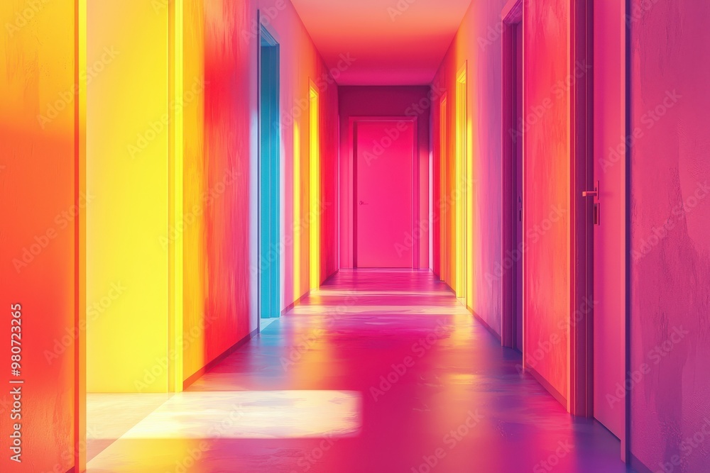 Vibrant multicolored hallway with bright rainbow like lighting Vibrant multicolored hallway with bright rainbow like lighting