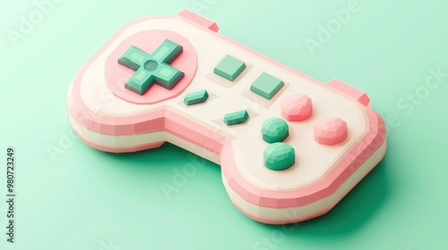 White Controller Video Game Play Retro Pixel Art,Retro Vintage Video Game Console Controller in 8bit Pixel Art for computer game,Cute colorful Controller game3d model render image,copy space. photo