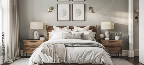 Bedroom with double bed, white light interior design