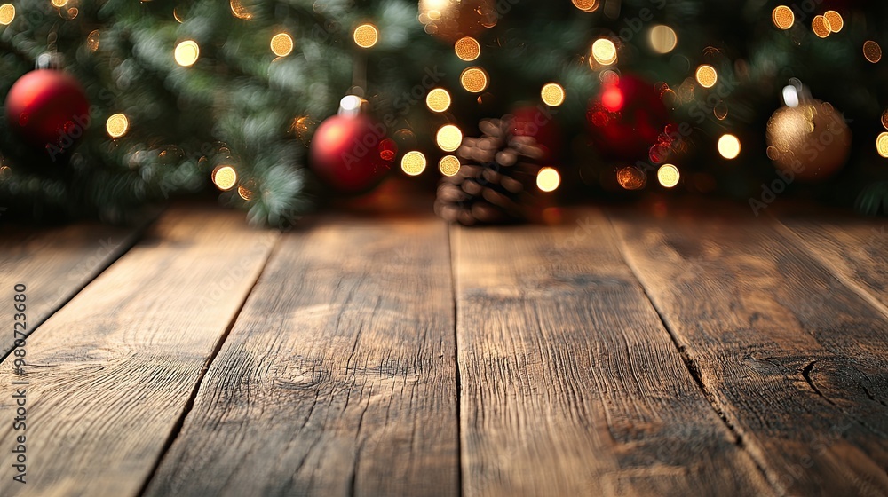 Christmas background empty wooden table on the foreground