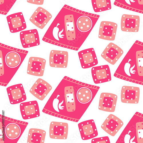 pattern of colored flat patches with pepper for warming up in case of a cold. Pink packaging with a breathable surface. Seamless texture of the flu strip. the packaging is made of warm fabric squares