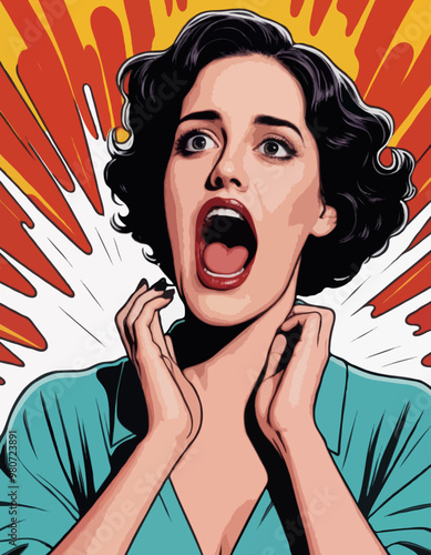 mujer aterrorizada gritando con los ojos y la boca abierta