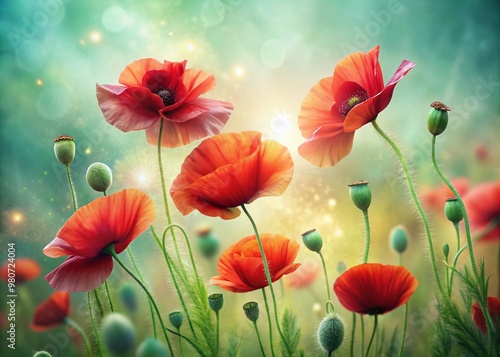 Delicate red poppy flowers sway gently in the soft breeze, their petals unfolding like silk ribbons in a dreamy watercolor landscape of lush green hues.