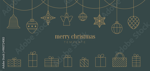 Luxury line Merry Christmas, New Year ball, star, bauble, toy, bell, gift box. Simple golden outline vector Christmas sale banner, wallpaper, poster template