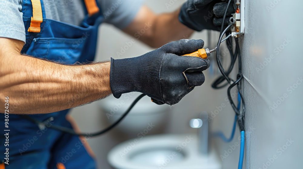 A man in a blue uniform is fixing a light switch. He is wearing black gloves and has a yellow tool in his hand A man in a blue uniform is fixing a light switch. He is wearing black gloves and has a yellow tool in his hand