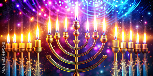 Glowing Hanukkah Candles Surrounded by Neon Sparks in Dynamic Abstract Art Style for Vibrant Holiday Ecommerce Promotions