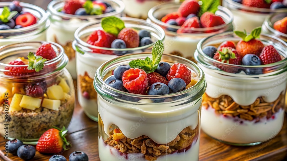 A closeup of the glass jars inside a yogurt maker filled with creamy white yogurt and topped with colorful fruit and granola. A closeup of the glass jars inside a yogurt maker filled with creamy white yogurt and topped with colorful fruit and granola.